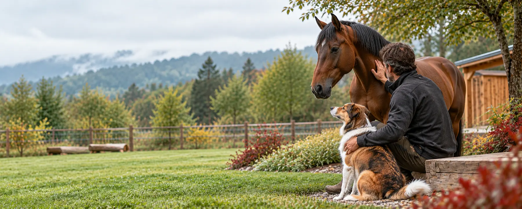 Hund und Pferd in ruhiger Umgebung
