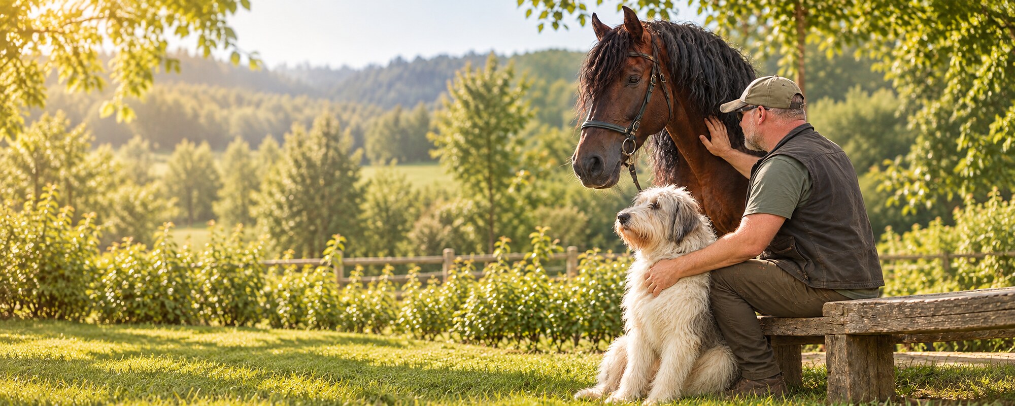 Mann mit Hund und Pferd in einer grünen Landschaft